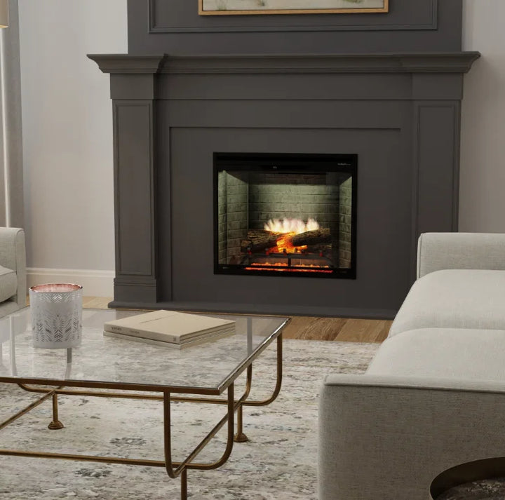 Dimplex Revillusion 30" Built-In Electric Firebox featuring Revillusion Flame Technology, hand-painted Realogs, and adjustable flame brightness and speed, perfect for supplemental warmth in spaces up to 1,000 sq. ft.