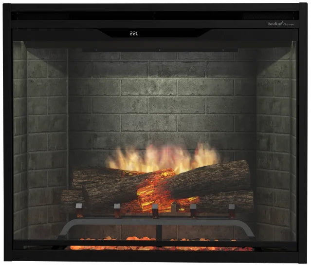 Dimplex Revillusion 30" Built-In Electric Firebox features realistic flame presentation, hand-painted Realogs, and adjustable brightness/speed for immersive ambiance in traditional or modern spaces up to 1,000 sq. ft.