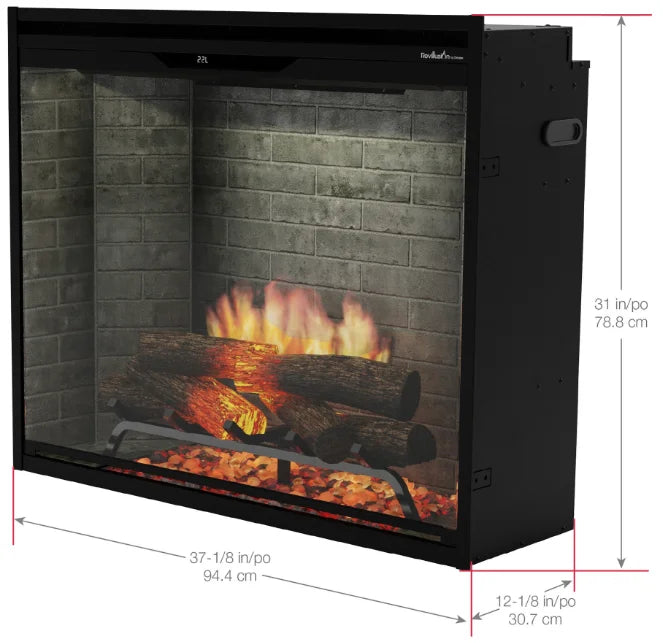 Dimplex Revillusion Portrait 36" Built-In Electric Firebox features vertical flame realism with Realogs and a Mirage Flame Panel for enhanced depth and clarity, paired with four interchangeable backer panels for seamless design integration.