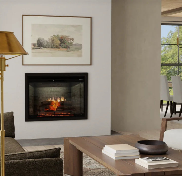 Dimplex Revillusion Portrait 36" Built-In Electric Firebox: A modern, vertically-oriented electric firebox with Revillusion Flame Technology, featuring glowing Realogs and a vibrant ember bed for realistic flame effects and supplemental heat up to 8,786 BTUs.
