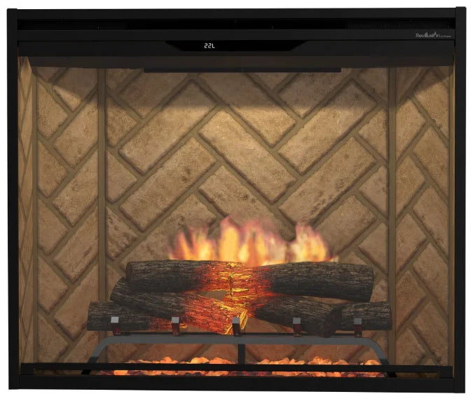 Dimplex Revillusion Portrait 36" Built-In Electric Firebox features vertical flame realism, translucent Mirage Flame Panel, Realogs with internal LED lighting, and adjustable brightness for ultimate ambiance.