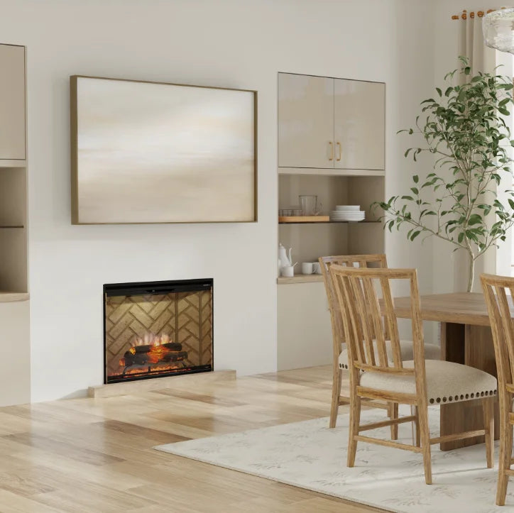Dimplex Revillusion Portrait 36" Built-In Electric Firebox features vertical flame realism through Mirage Flame Panel, hand-painted Realogs, and LED lighting for authentic warmth and ambiance in modern or rustic designs.