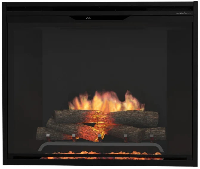Dimplex Revillusion Portrait 36" Electric Firebox features vertical flame realism with Mirage Flame Panel and glowing Realogs for authentic ambiance.