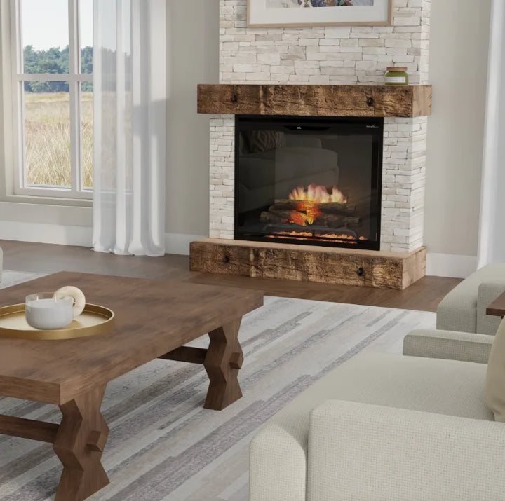 Dimplex Revillusion Portrait 36" Built-In Electric Firebox: A sleek, modern firebox featuring Revulsion Flame Technology with vertical flame realism, internal LED lighting, and real wood logs for an authentic fireplace experience.