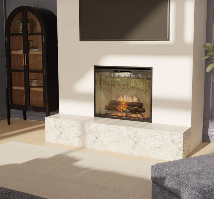 Dimplex Revillusion Portrait 36" Built-In Electric Firebox: A sleek, vertical electric firebox with realistic flames and LED-lit logs, featuring Revillusion Flame Technology and four interchangeable backer panels for seamless design integration.