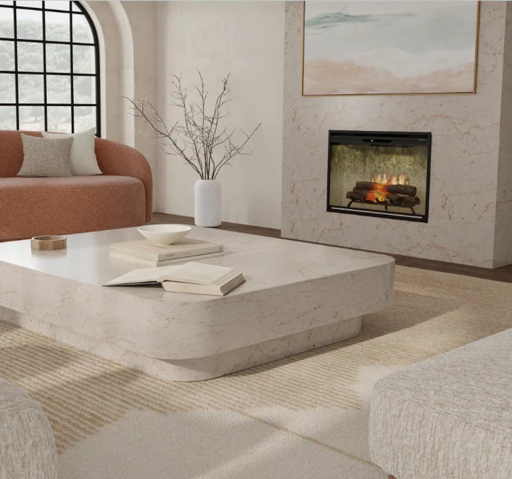 Dimplex Revillusion Portrait 36" Built-In Electric Firebox features cutting-edge flame realism in a sleek vertical design, complete with hand-painted Realogs and adjustable flame speed and brightness.