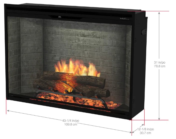 Dimplex Revillusion 42" Built-In Electric Firebox with realistic flame technology, handcrafted Realogs, and adjustable heat output for immersive ambiance.