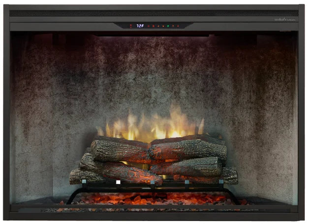 Dimplex Revillusion 42" Built-In Electric Firebox features Revillusion Flame Technology with ultra-realistic flames through a translucent Mirage panel and handcrafted Realogs with LED glow, set in a glowing ember bed with tumbled glass and black gravel.