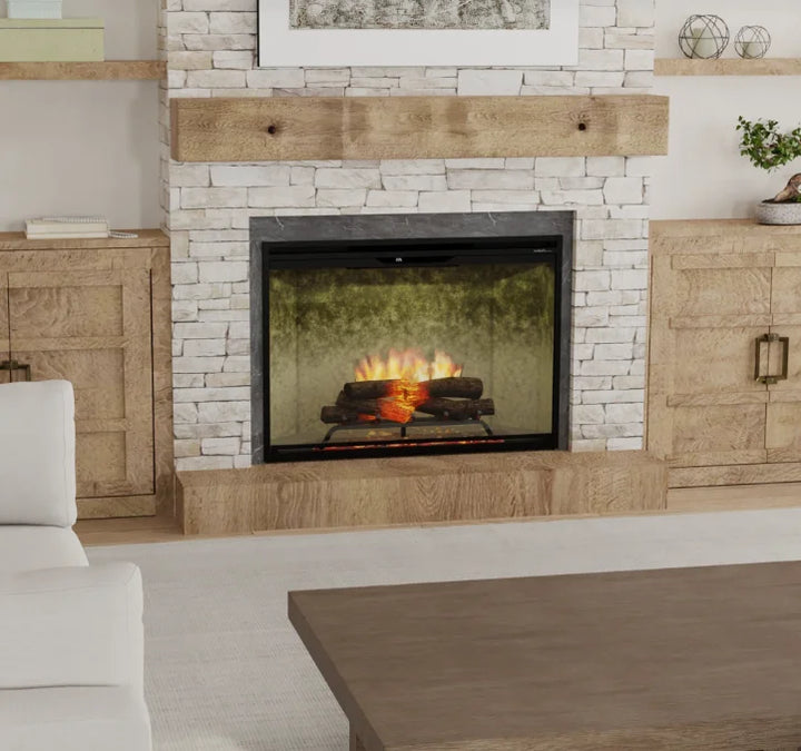 Dimplex Revillusion 42" Built-In Electric Firebox with ultra-realistic flames through Mirage panel and handcrafted Realogs for an authentic wood fire aesthetic.