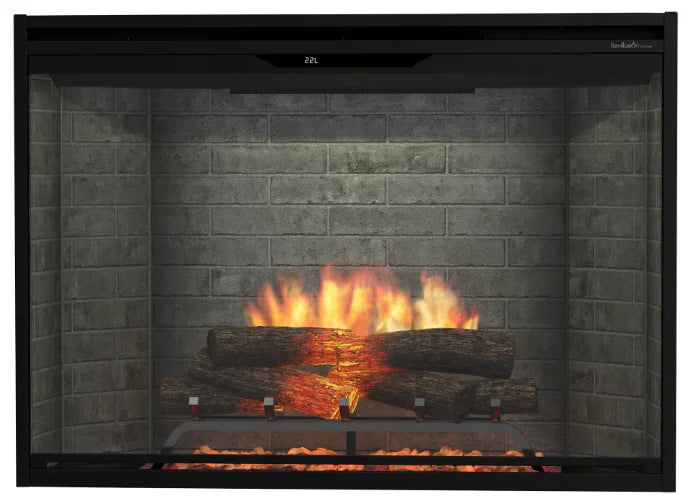Dimplex Revillusion 42" Built-In Electric Firebox features ultra-realistic flames through a translucent Mirage panel, with handcrafted Realogs glowing from within for an authentic firebox aesthetic.