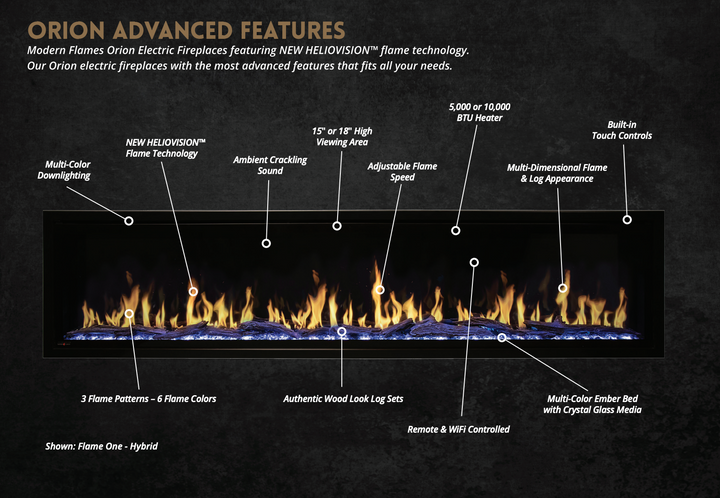 Chimenea eléctrica inteligente Orion Multi de Modern Flames, empotrada o de pared, de 52-120 pulgadas, con efecto de llama real