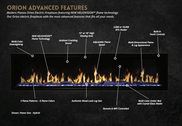 Chimenea eléctrica inteligente Orion Multi de Modern Flames, empotrada o de pared, de 52-120 pulgadas, con efecto de llama real