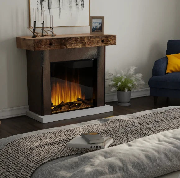 Dimplex Ignite Aspire Built-in Electric Firebox features dynamic flames, rhythmic logs with inner glow technology, and three crackling fire sound options for an immersive experience.