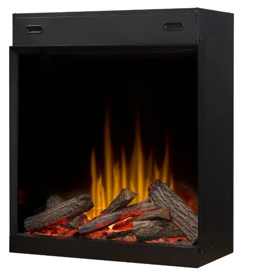 Dimplex Ignite Aspire 30"-48" Built-In Electric Firebox features Dynamic-Fire Flame Effect, Rhythmic Logs with Inner Glow Technology, and three crackling fire sound options for an immersive experience.