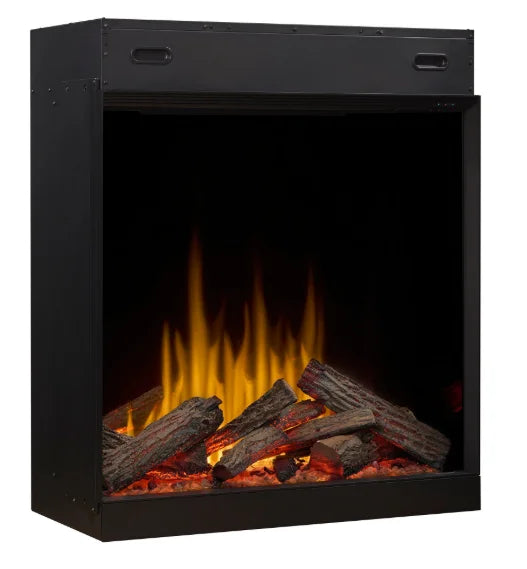 Dimplex Ignite Aspire 30"-48" Built-In Electric Firebox features Dynamic-Fire Flame Effect and Rhythmic Logs with Inner Glow Technology for immersive ambiance.