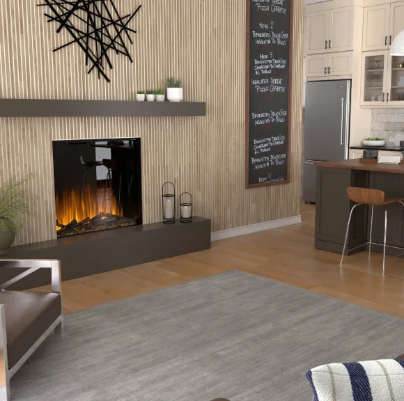 Dimplex Ignite Aspire Built-In Electric Firebox features Dynamic-Fire Flame Effect and Rhythmic Logs with Inner Glow Technology for immersive ambiance and adjustable flame colors.