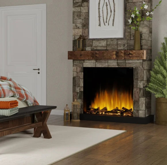 Dimplex Ignite Aspire 30"-48" Built-In Electric Firebox features Dynamic-Fire Flame Effect with true-to-life movement and depth, Rhythmic Logs with Inner Glow Technology, and three crackling fire sound options for an immersive experience.