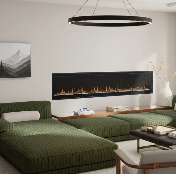 Dimplex Vital Essence Linear Electric Fireplace featuring a sleek glass ember bed with hyper-realistic flames in 13 vibrant colors, adjustable speed and brightness settings, and a fan-forced heater for year-round comfort.