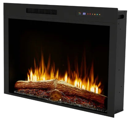 Dimplex Vital Spark 36" Built-in Electric Firebox: Expansive viewing area showcases dramatic flame display with realistic molded log set and 5-color ember bed, featuring 13 customizable flame colors, 3 speeds, and 3 brightness levels for enhanced ambiance.