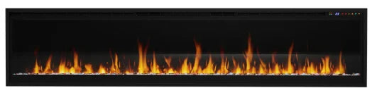 Dimplex Vital Essence 50"-100" Linear Electric Fireplace features hyper-realistic glass ember bed with 13 flame colors, three speeds, and three brightness settings for customizable ambiance.