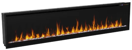 Dimplex Vital Essence 50"-100" Linear Electric Fireplace features hyper-realistic flames on a full-length glass ember bed with 13 vibrant colors and adjustable brightness settings.