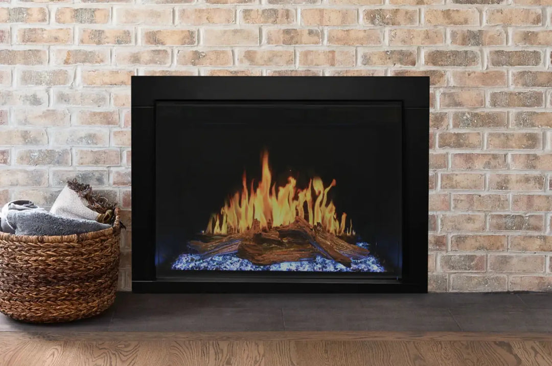 Modern Flames Orion Traditional Electric Fireplace featuring revolutionary HELIOVISION Flame Technology with realistic flames, ember lighting, and immersive ambiance in four sizes from 26 to 54 inches.