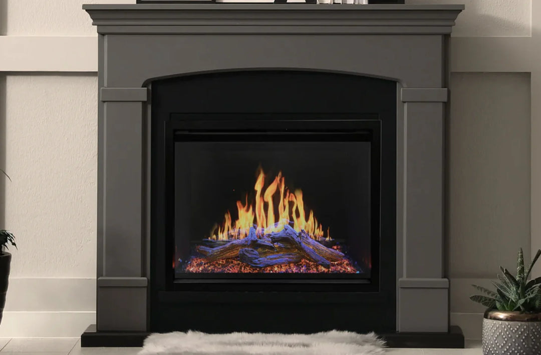 Modern Flames Orion Traditional Electric Fireplace in 26"-52" size, featuring realistic HELIOVISION Flame Technology and immersive ambiance with multi-color ember bed & downlighting.