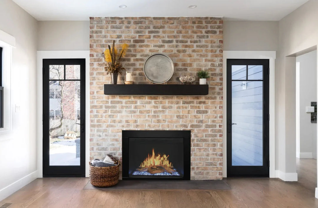 Modern Flames Orion Traditional Electric Fireplace in a sleek and modern design featuring HELIOVISION Flame Technology for realistic flames and ember lighting effects.