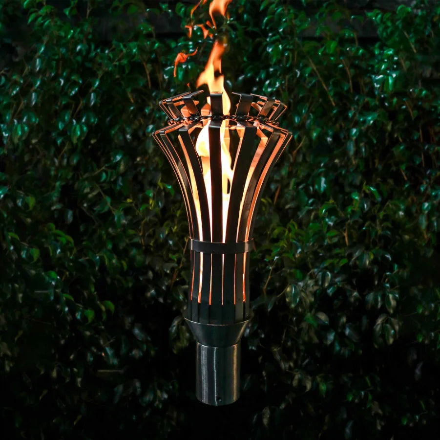 Gothic Fire Torch, stainless steel construction, 9-inch diameter, 14-inch height, 20,000 BTU output, hand-crafted for outdoor use.