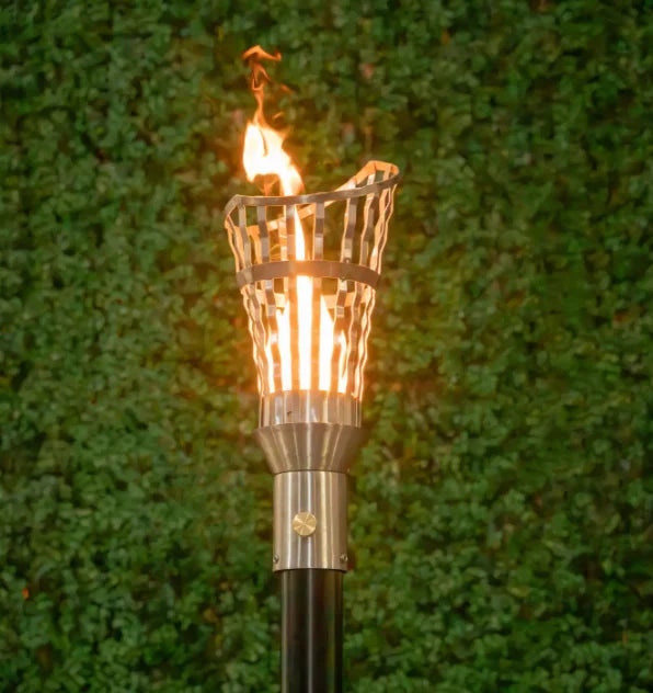 Roman Fire Torch - 8-inch diameter, 14-inch tall, stainless steel outdoor torch head with adjustable needle valve for flame control, compatible with 3/8" flared or 1/2" threaded gas inlet.