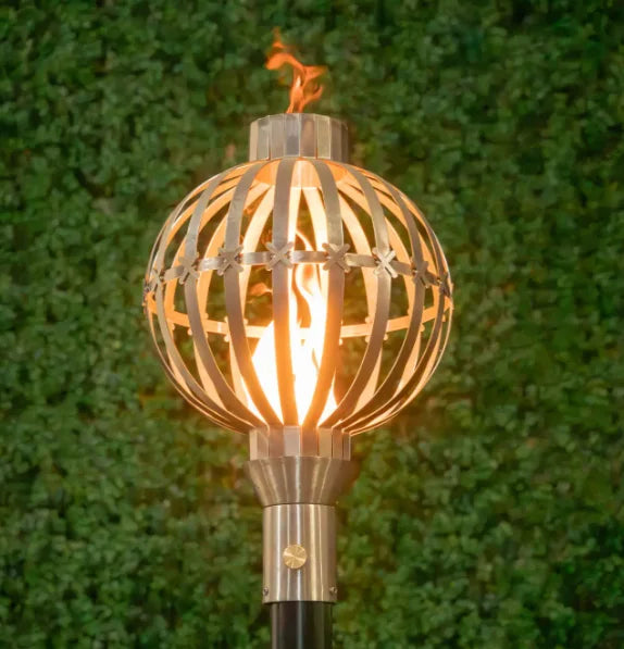 The Globe Fire Torch, a stainless steel outdoor torch with a diameter of 10 inches and a height of 14 inches, features a TOP Torch Base for mounting and a needle valve for flame control.