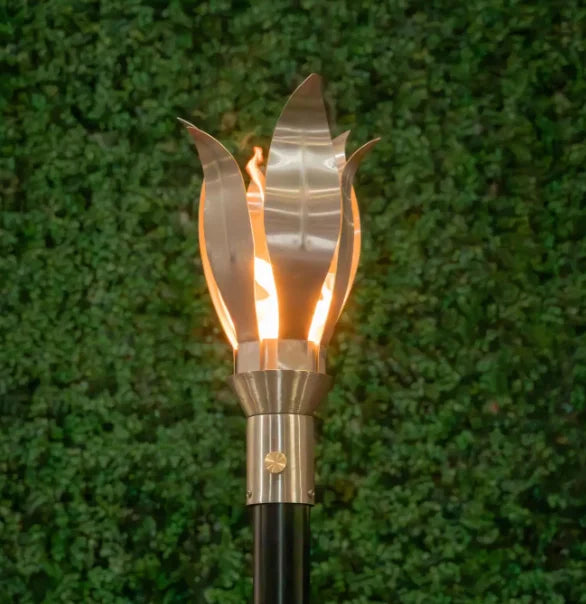 Durable stainless steel Flower Fire Torch, measuring 10 inches in diameter and 14 inches in height, featuring a high BTU output for efficient outdoor use.