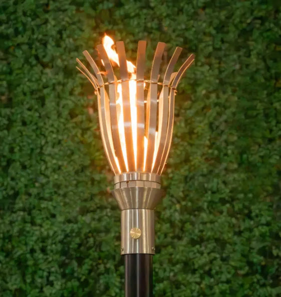 Basket Fire Torch by Outdoor Plus, compact design with 7-inch diameter and 14-inch height, featuring 20,000 BTU output from 304 stainless steel material.