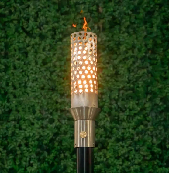 Honeycomb Fire Torch by The Outdoor Plus, featuring a sturdy 304 stainless steel construction, 20,000 BTU output, and individually hand-crafted for outdoor use.