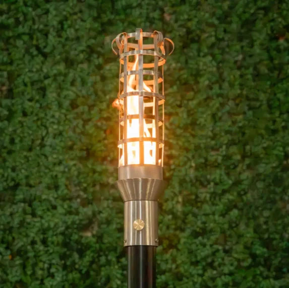 Woven Fire Torch, stainless steel construction, 20,000 BTU output, adjustable flame control, hand-crafted for outdoor use.