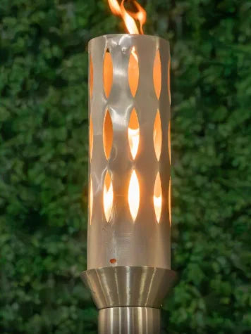Eclipse Fire Torch - a sturdy, 304 Stainless Steel outdoor torch with high BTU output, featuring a built-in needle valve for flame control and compatible with 2 1/2" post or 1/2" threaded gas pipe.
