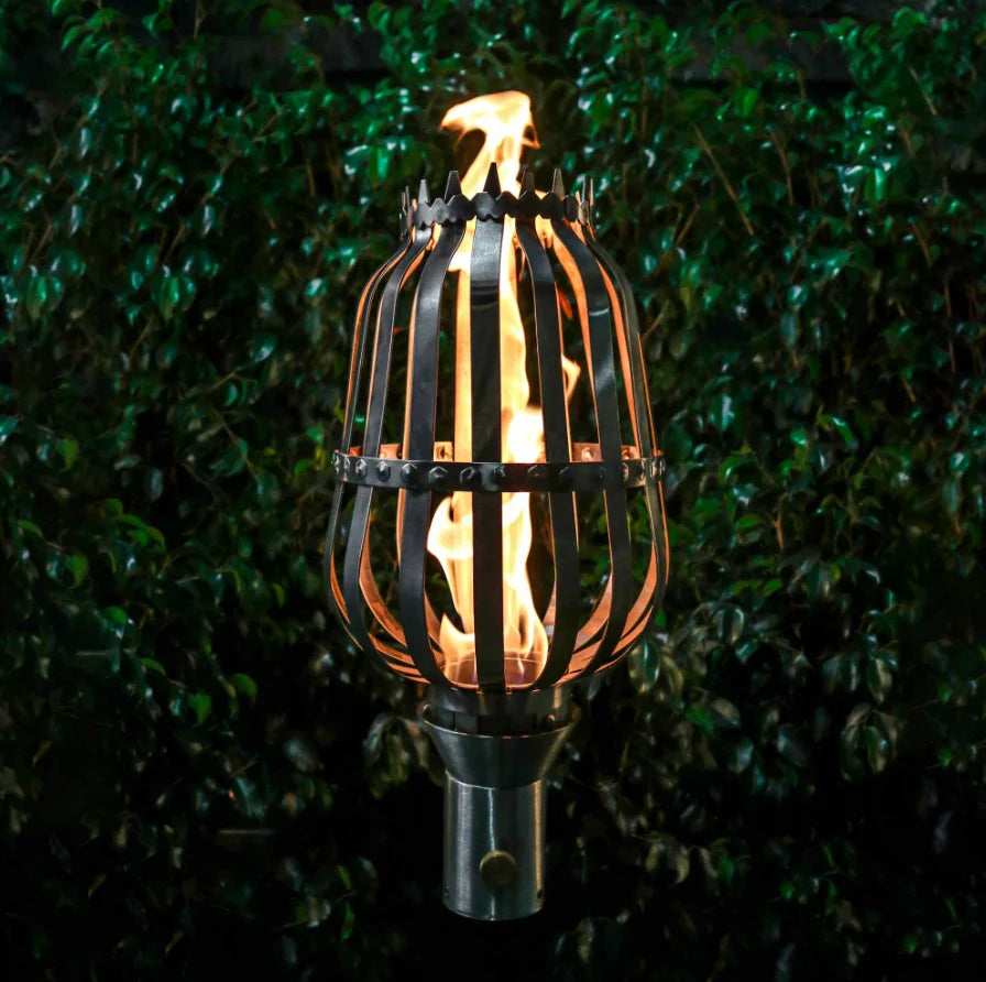 Urn Fire Torch - The Outdoor Plus, a high-quality, handcrafted, stainless steel torch for outdoor use, featuring 20,000 BTU output and built-in flame control valve, suitable for 2 1/2" post installation with hex bolts.