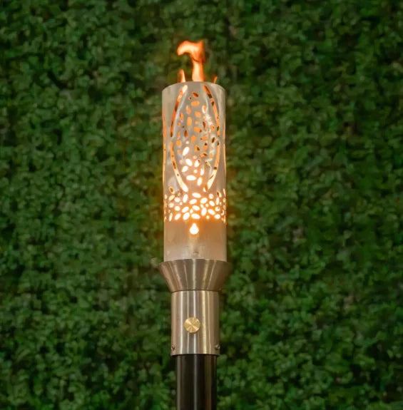 The Coral Fire Torch by The Outdoor Plus features a 3 ¾″ diameter stainless steel body, adjustable needle valve for flame control, and is designed for outdoor use with a high weather resistance rating, available in two models: OPT-TT17M and OPT-TCH17SS.