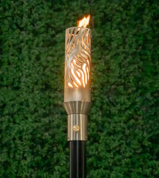 Hawi Fire Torch - The Outdoor Plus, stainless steel flame torch head and base, 20,000 BTU output, hand-crafted for outdoor use, includes needle valve for flame control.