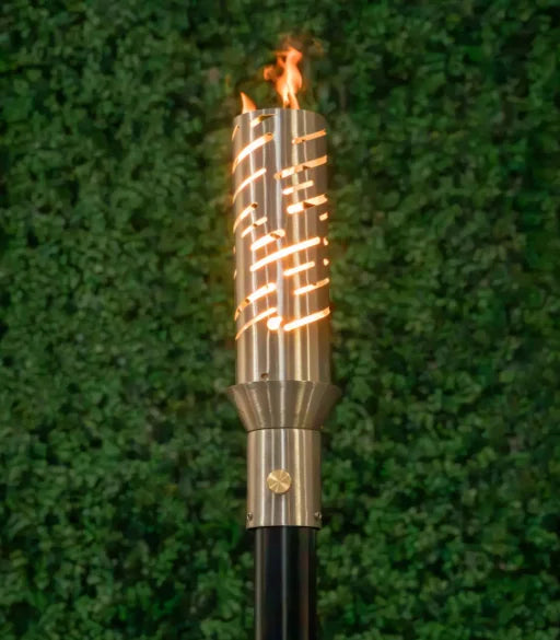 Comet Fire Torch - TOP-Lite model, featuring a 3 ¾″ diameter, 14″ height, 20,000 BTU output, and made from 304 stainless steel with built-in needle valve for flame control.