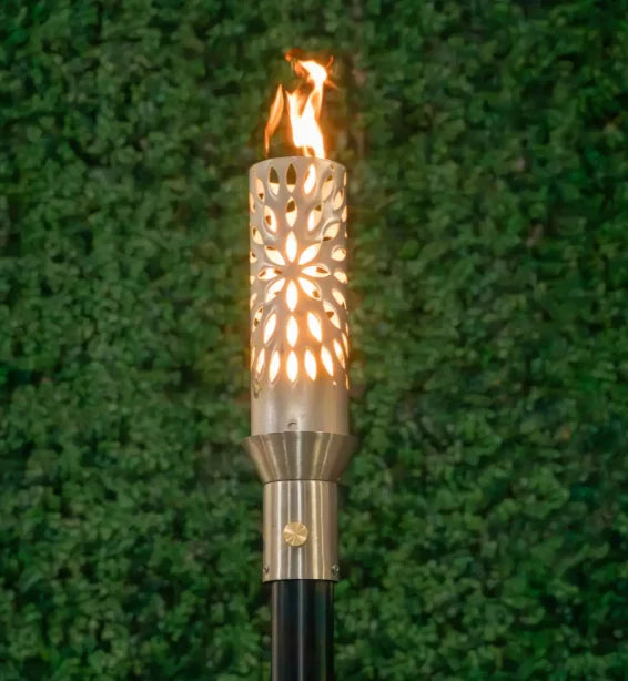 Close-up image of the Sunshine Fire Torch, featuring a robust 304 stainless steel torch head and base, with a height of 14 inches and diameter of 3 ¾ inches, showcasing its durable outdoor design.