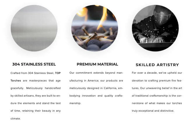 Tiki Fire Torch - A high-performance outdoor torch featuring a 304 stainless steel torch head with built-in needle valve for flame control, suitable for use with 2 1/2" posts and threaded gas pipes.