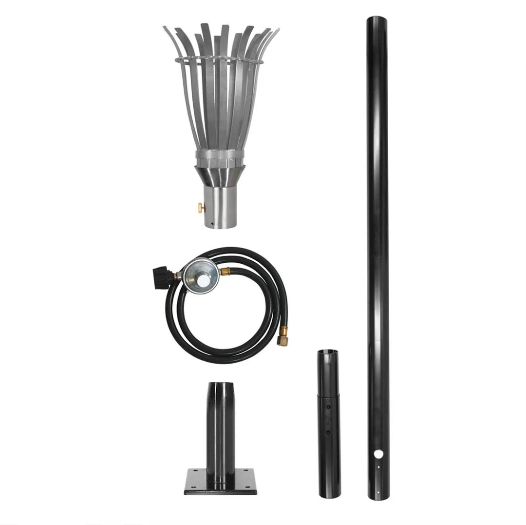TOP Torch & Post Kit - The Outdoor Plus: High-grade stainless steel torch kit with adjustable flame, including 80" in-ground post, anchoring post, LP regulator, and deck mounting bracket, available in over 24 artisan styles and designs.