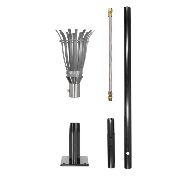 TOP Torch & Post Kit - The Outdoor Plus featuring high-grade stainless steel construction, adjustable flame, and 24+ artisan torch head designs in various styles including Trojan, Gothic, Hawi, and Woven.