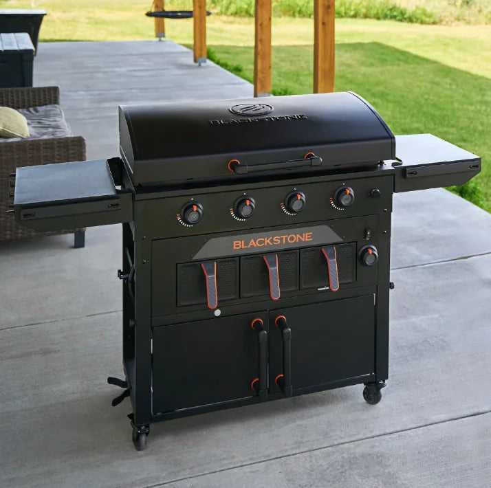 Blackstone Original 36” Griddle with Air Fryer Combo featuring Omnivore Griddle Plate for fast heating, two 4-quart air fryer drawers, and warming drawer for versatile outdoor cooking experience.