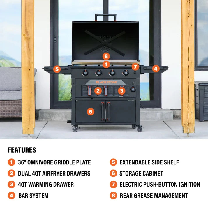 Blackstone Original 36” Griddle Air Fryer Combo features a 36” Omnivore Griddle Plate for fast heat distribution, paired with dual 4-quart air fryers and warming drawer, four independently controlled heat zones, and integrated BAR system.