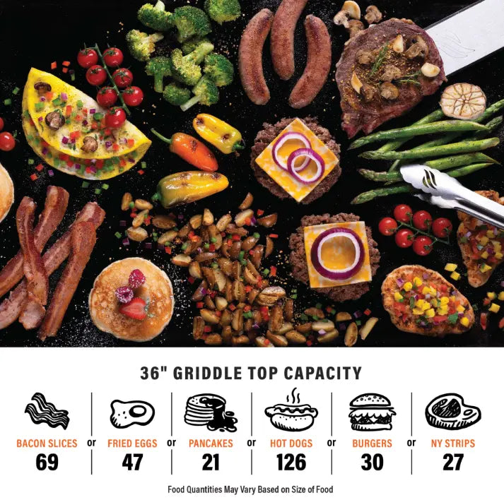 Blackstone Original 36” Griddle Air Fryer Combo: A powerful outdoor cooking station featuring a large Omnivore Griddle Plate, dual air fryer drawers, and warming drawer for versatile meal preparation, with four independently controlled heat zones and accessory system.
