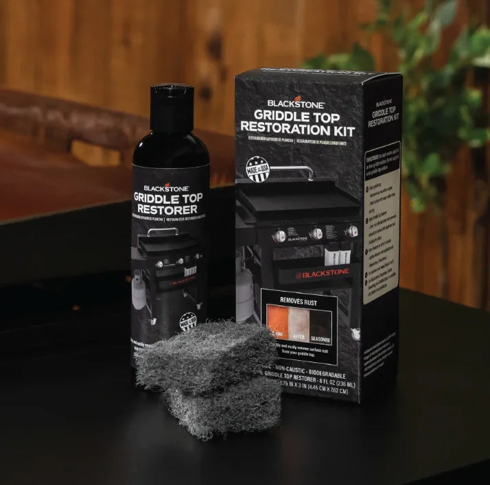 Blackstone Griddle Top Restoration Kit: Comprehensive cleaning kit for griddles, featuring heavy-duty scrub pads and 8 oz restorer to remove surface rust, grease, and buildup.
