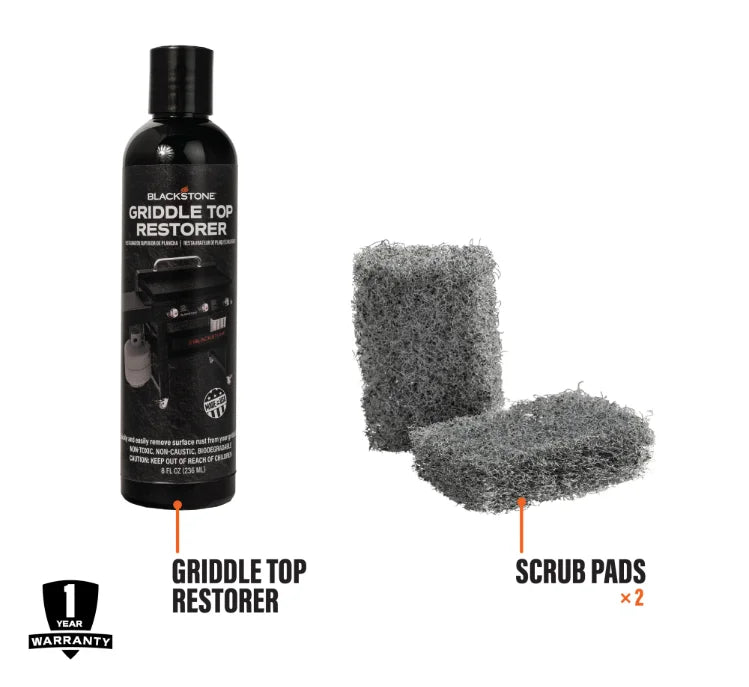 Blackstone Griddle Top Restoration Kit for comprehensive cleaning and revitalization of griddle plates, shelves, cookware, and tools, featuring heavy-duty scrub pads and 8 oz restorer.