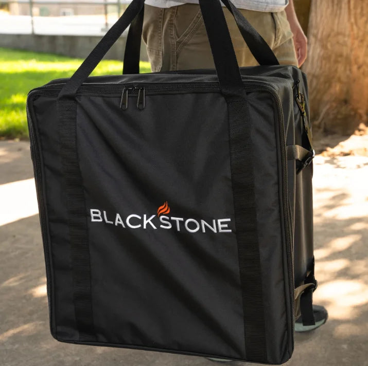Blackstone Original 17” Griddle Carry Bag: Weather-resistant bag for 17” tabletop griddles, featuring reinforced zippers, padded shoulder strap, and heavy-duty construction for portable protection and convenience.